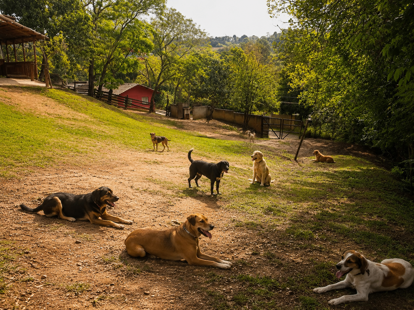 Cães do Refúgio Aumigo em área ampla, cercada e arborizada