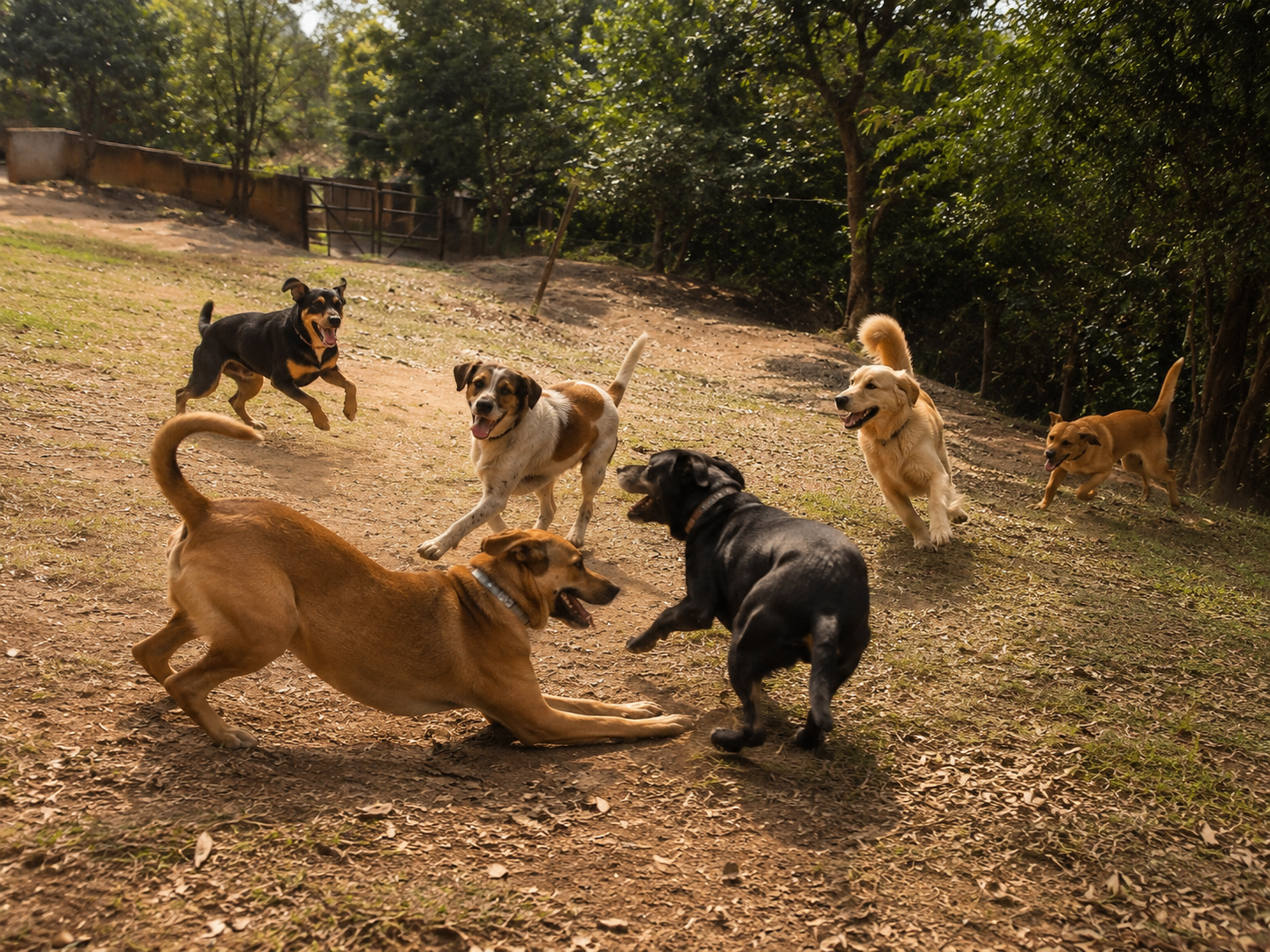 Cães brincando juntos em área aberta do Refúgio Aumigo